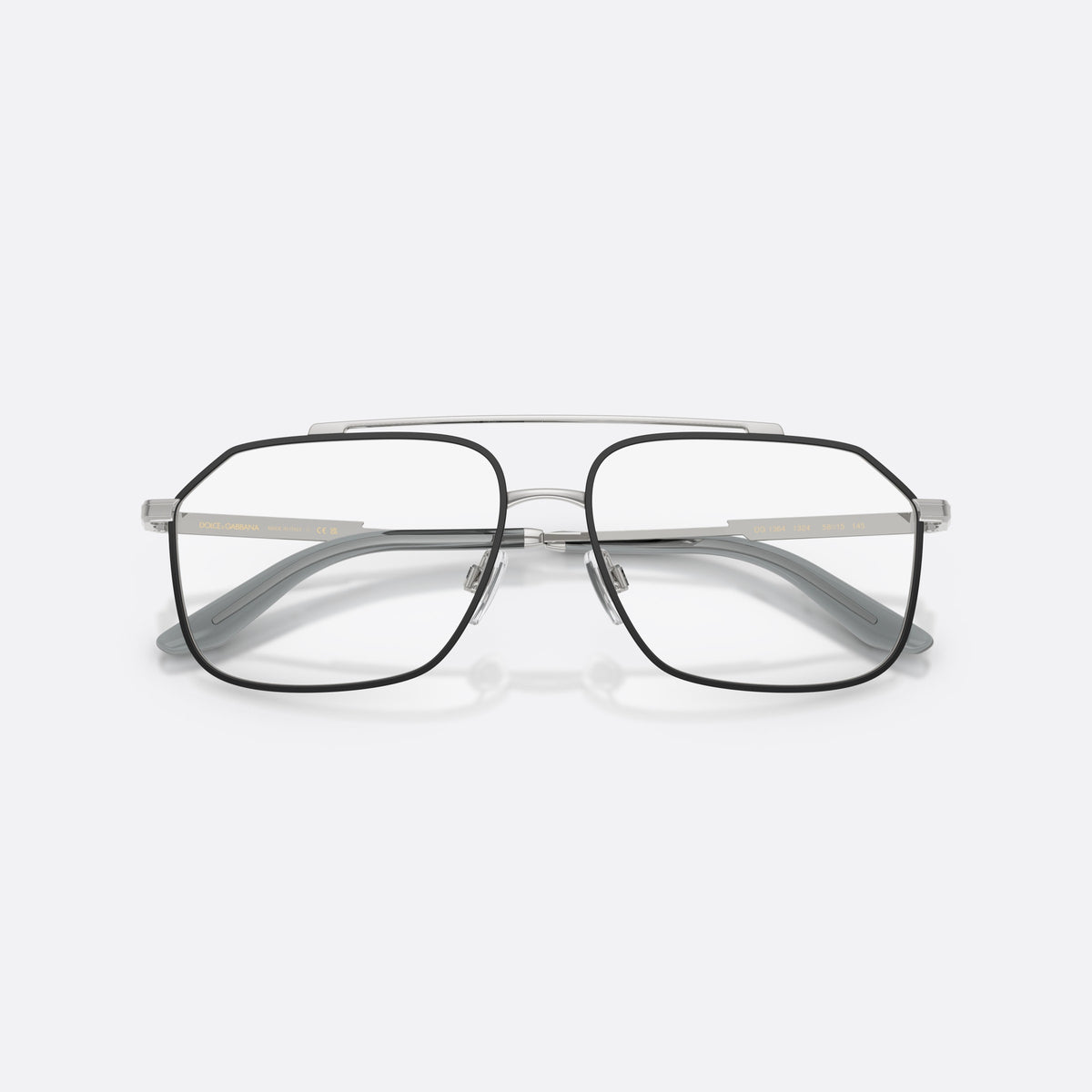 Dolce & Gabbana DG1364 1324 eyeglasses, silver pilot frame for men, double bridge with top bar, tapered temple tips, folded