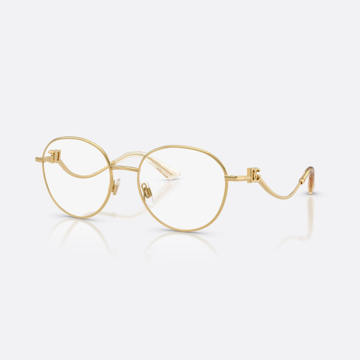 Dolce & Gabbana DG1365 02 eyeglasses, gold round frame for women, plain metal bridge, brand logo plaque on temples