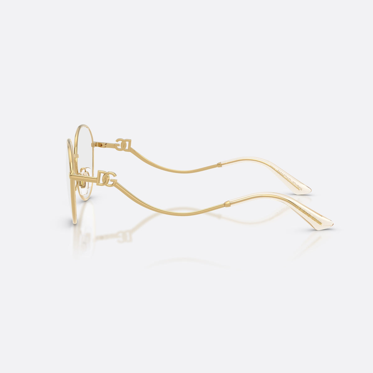 Dolce & Gabbana DG1365 02 eyeglasses, gold round frame for women, plain metal bridge, brand logo plaque on temples, side view