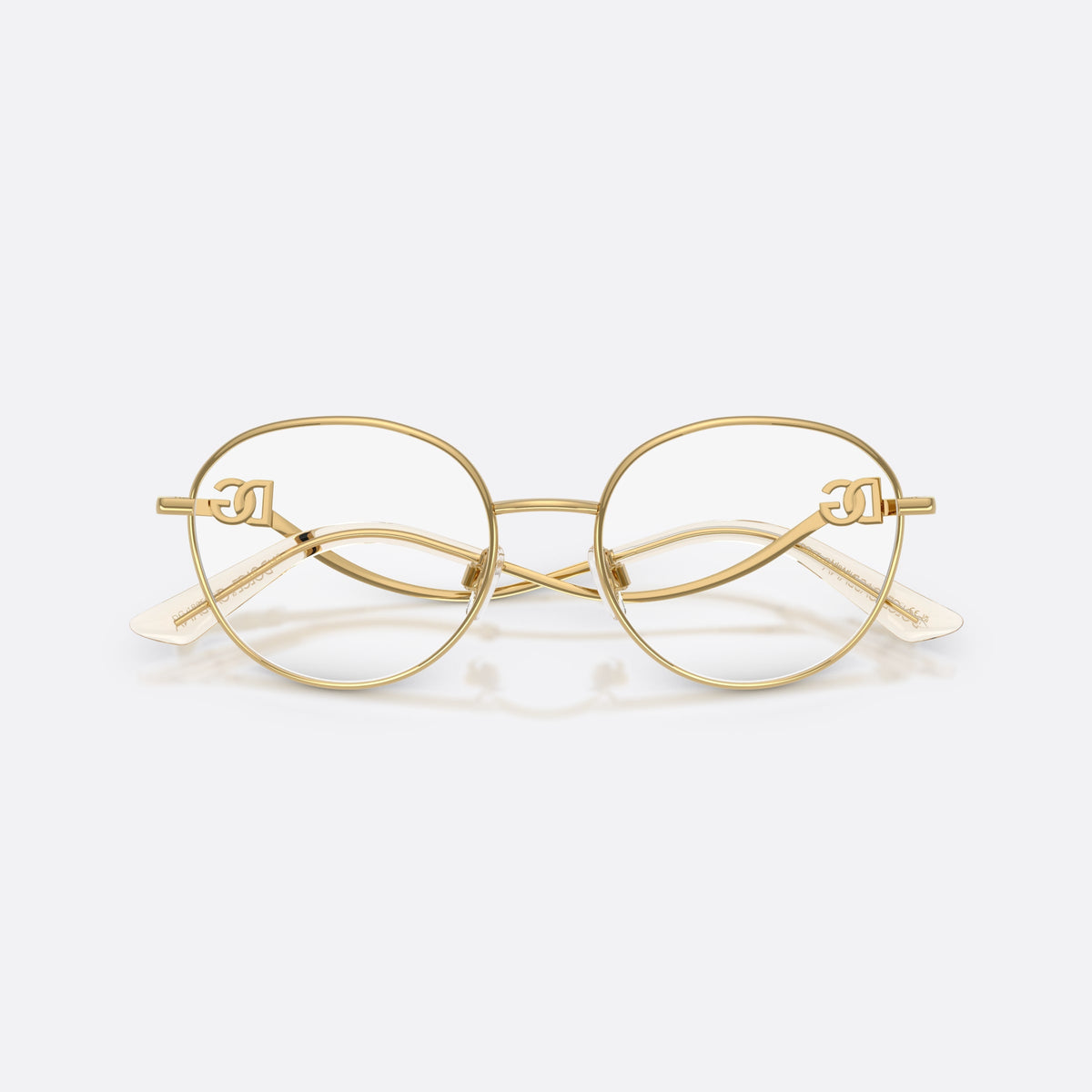 Dolce & Gabbana DG1365 02 eyeglasses, gold round frame for women, plain metal bridge, brand logo plaque on temples, folded
