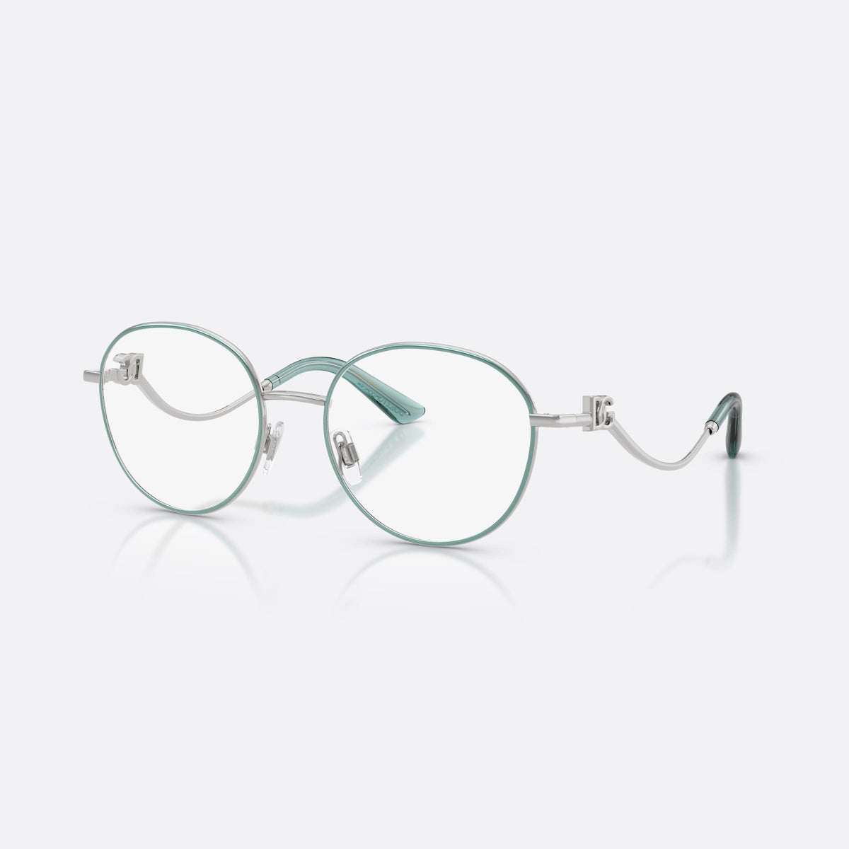 Dolce & Gabbana DG1365 1325 eyeglasses, silver round frame for women, thin metal bridge, brand logo plaque on temples
