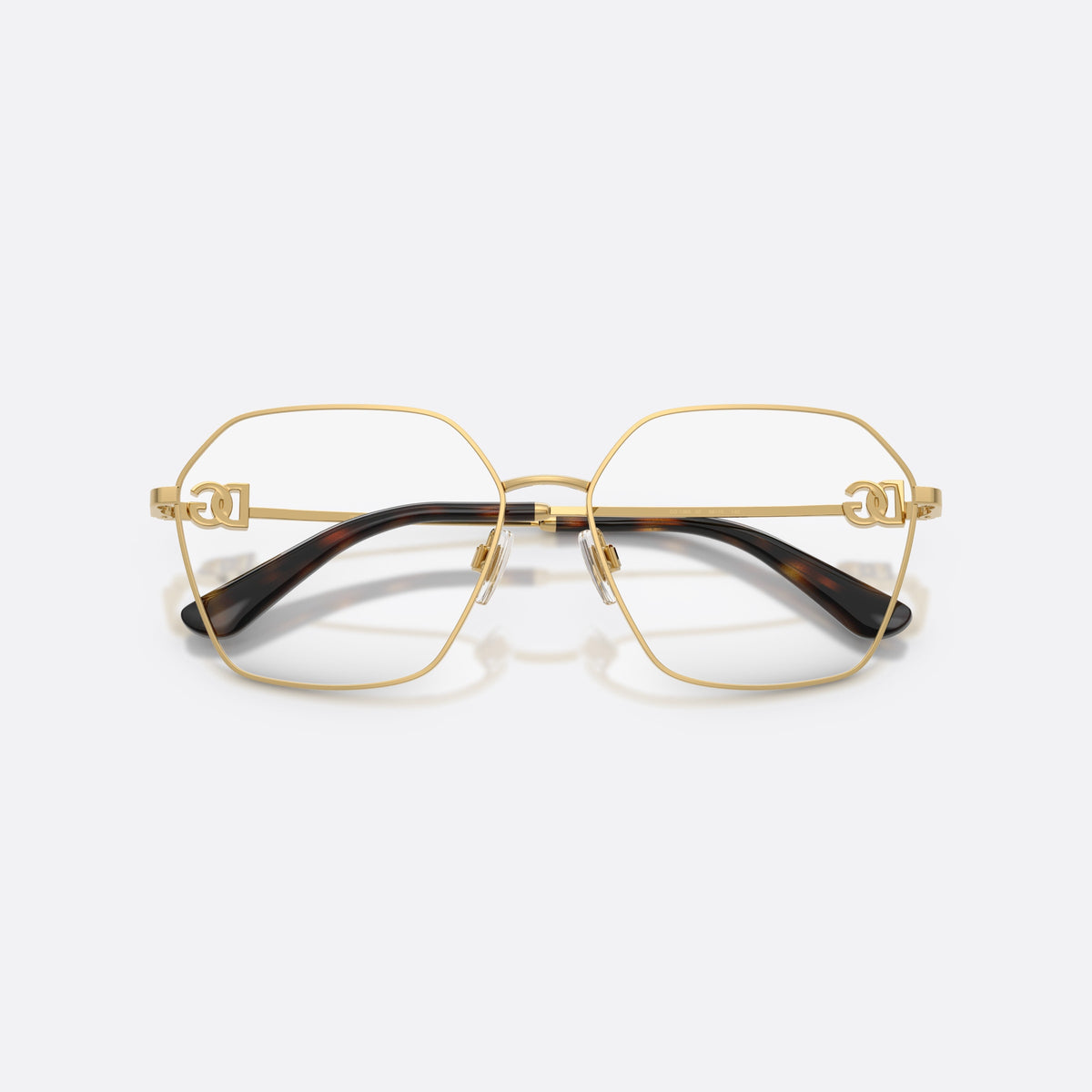 Dolce & Gabbana DG1366 02 eyeglasses, gold phantos frame for women, plain metal bridge, brand logo plaque on temples, folded