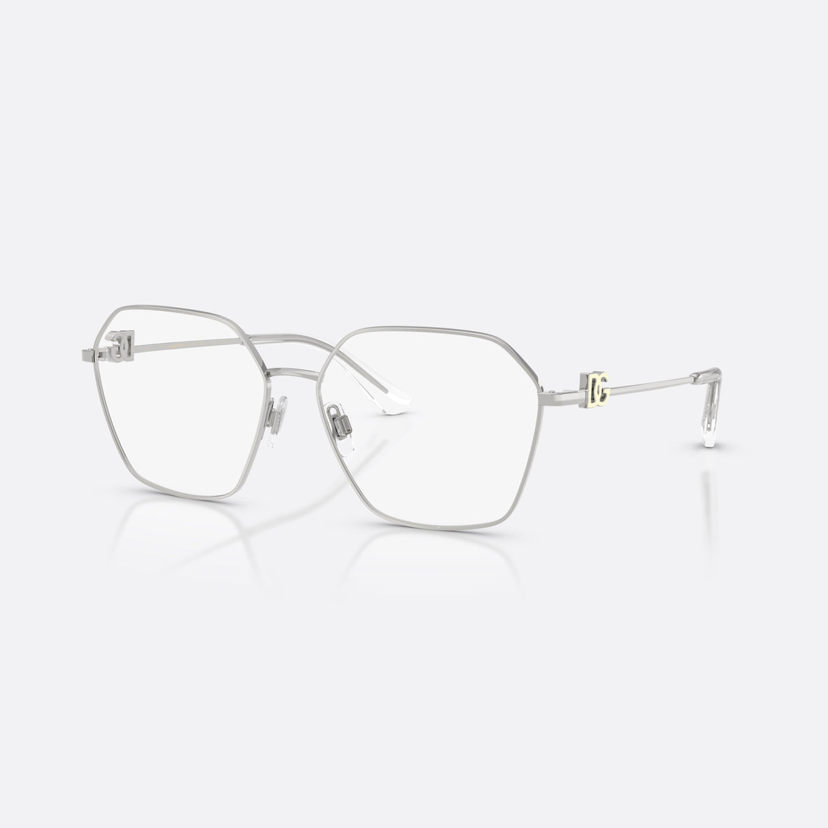 Dolce & Gabbana DG1366 05 eyeglasses, silver phantos frame for women, plain metal bridge, brand logo plaque on temples