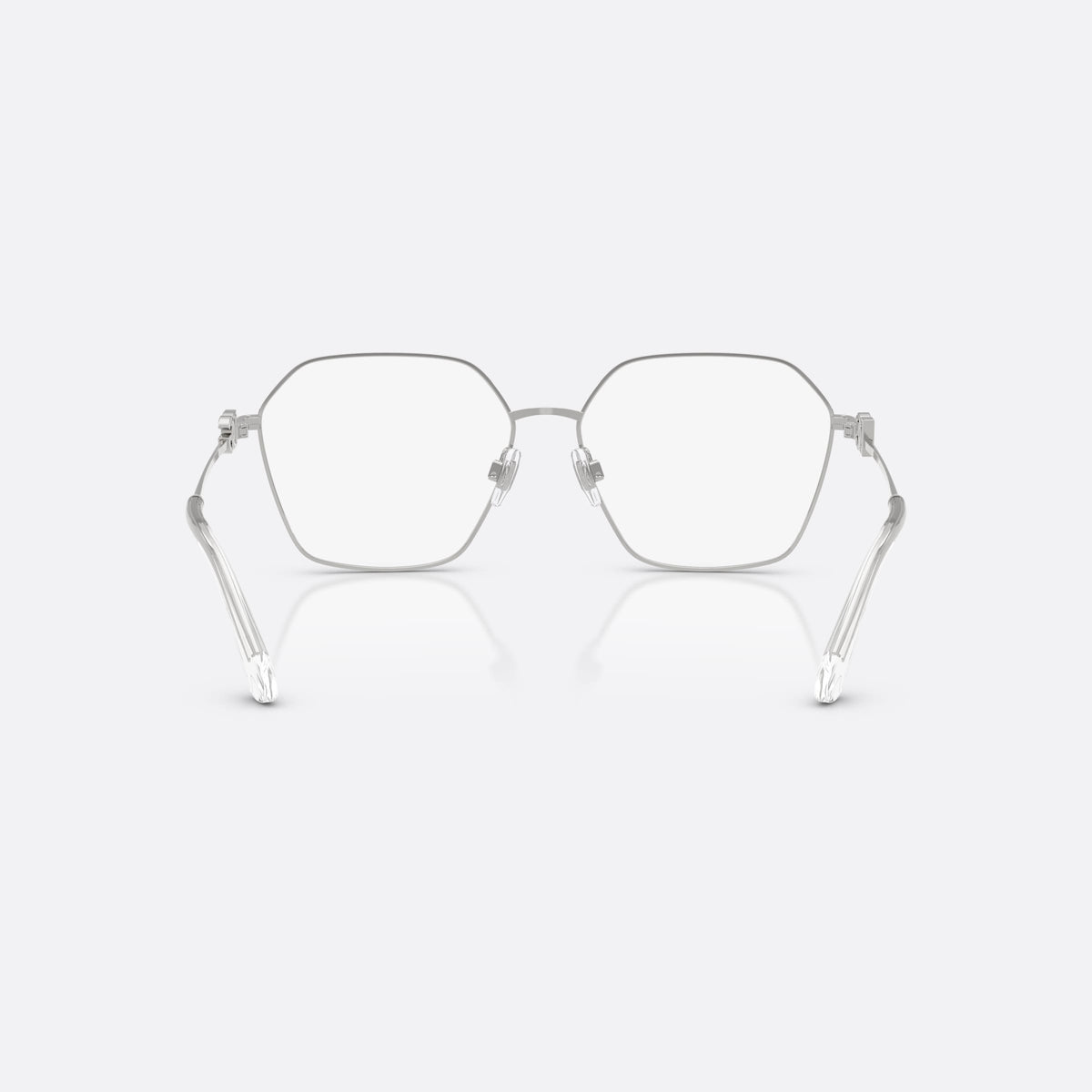 Dolce & Gabbana DG1366 05 eyeglasses, silver phantos frame for women, plain metal bridge, brand logo plaque on temples, back view