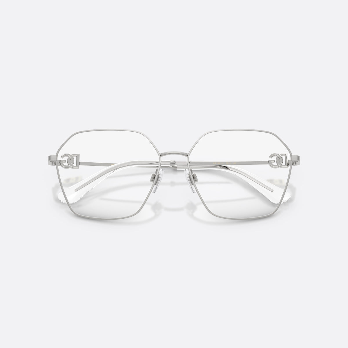 Dolce & Gabbana DG1366 05 eyeglasses, silver phantos frame for women, plain metal bridge, brand logo plaque on temples, folded