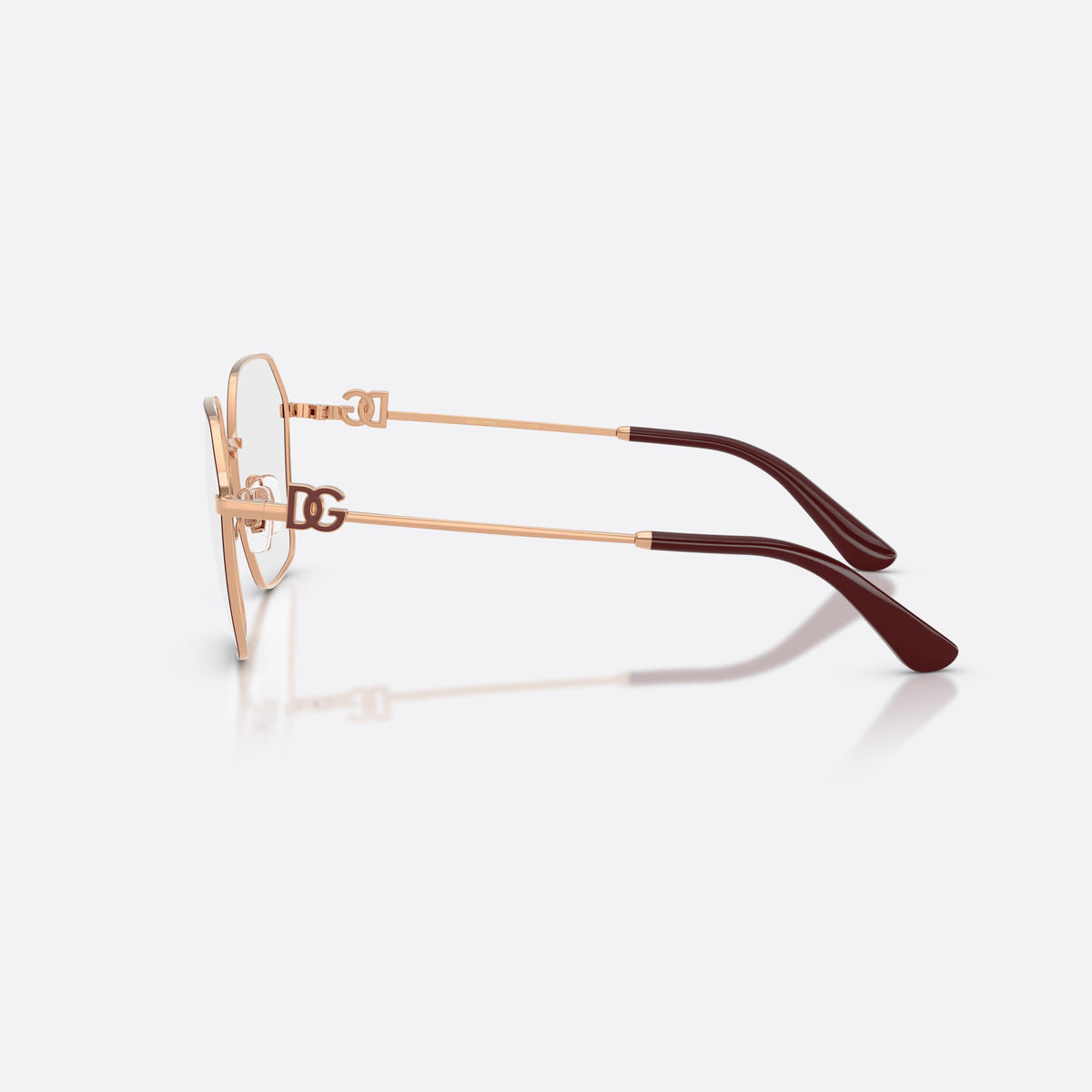 Dolce & Gabbana DG1366 1351 eyeglasses, pink phantos frame for women, plain metal bridge, brand logo plaque on temples, side view