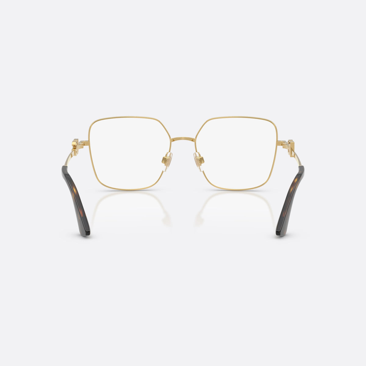 Dolce & Gabbana DG1367B 02 eyeglasses, gold square frame for women, plain metal bridge, brand logo plaque on temples, back view