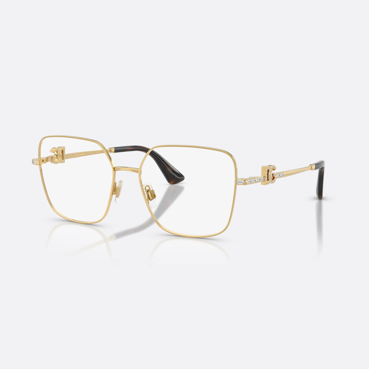 Dolce & Gabbana DG1367B 02 eyeglasses, gold square frame for women, plain metal bridge, brand logo plaque on temples