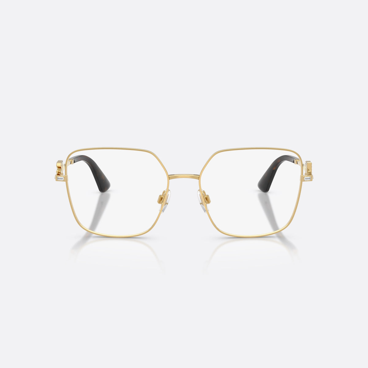Dolce & Gabbana DG1367B 02 eyeglasses, gold square frame for women, plain metal bridge, brand logo plaque on temples, front view