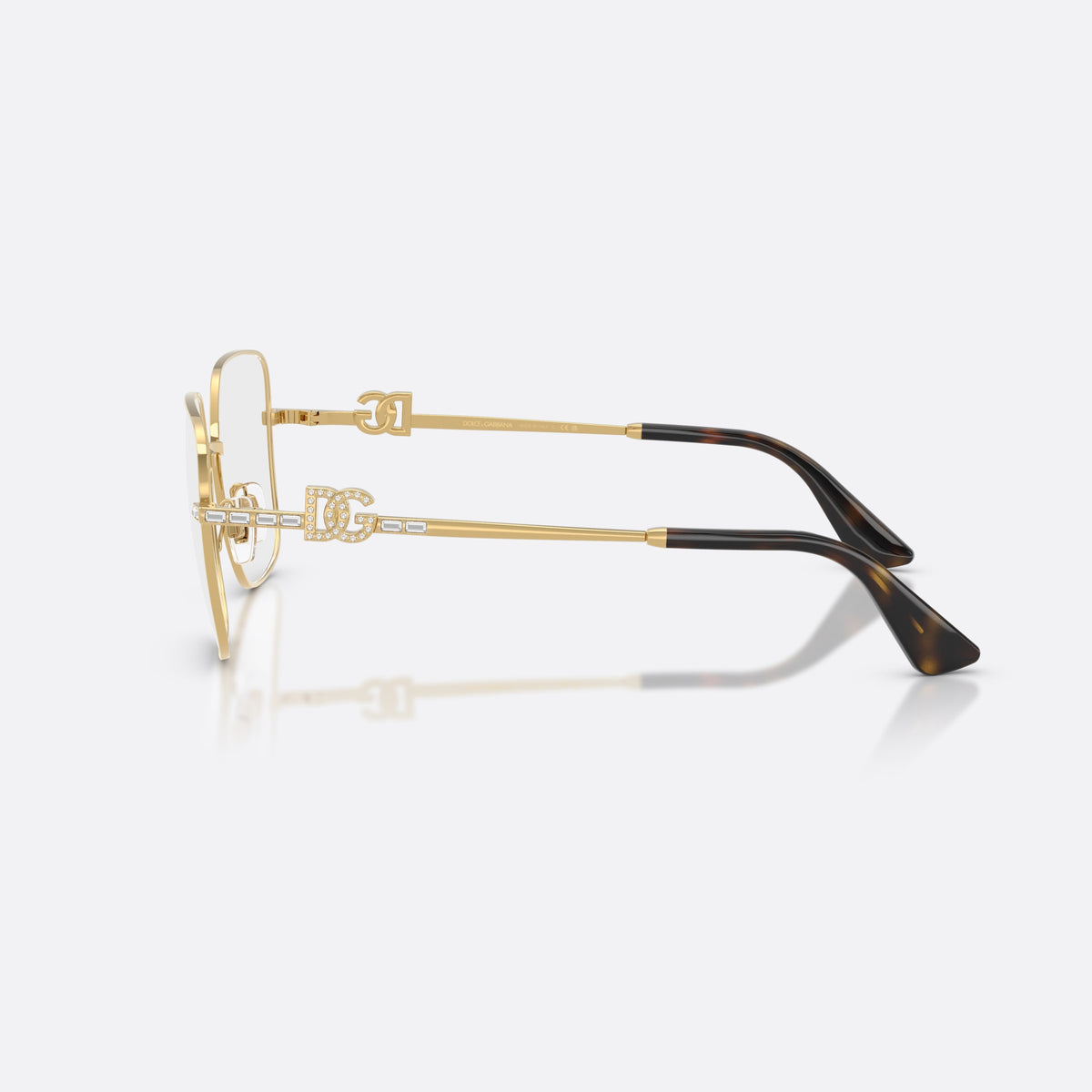 Dolce & Gabbana DG1367B 02 eyeglasses, gold square frame for women, plain metal bridge, brand logo plaque on temples, side view