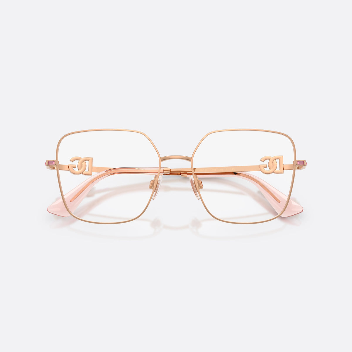 Dolce & Gabbana DG1367B 1298 eyeglasses, gold square frame for women, plain metal bridge, brand lettering on temples, folded
