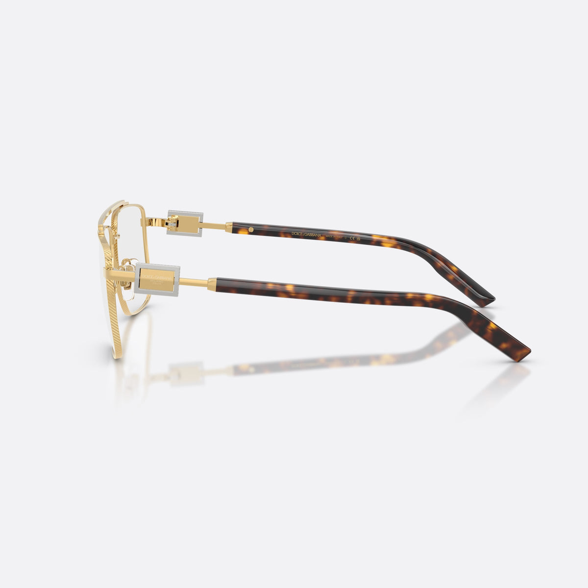 Dolce & Gabbana DG1368 02 eyeglasses, gold pilot frame for men, double bridge with top bar, wide temples with plaque, side view