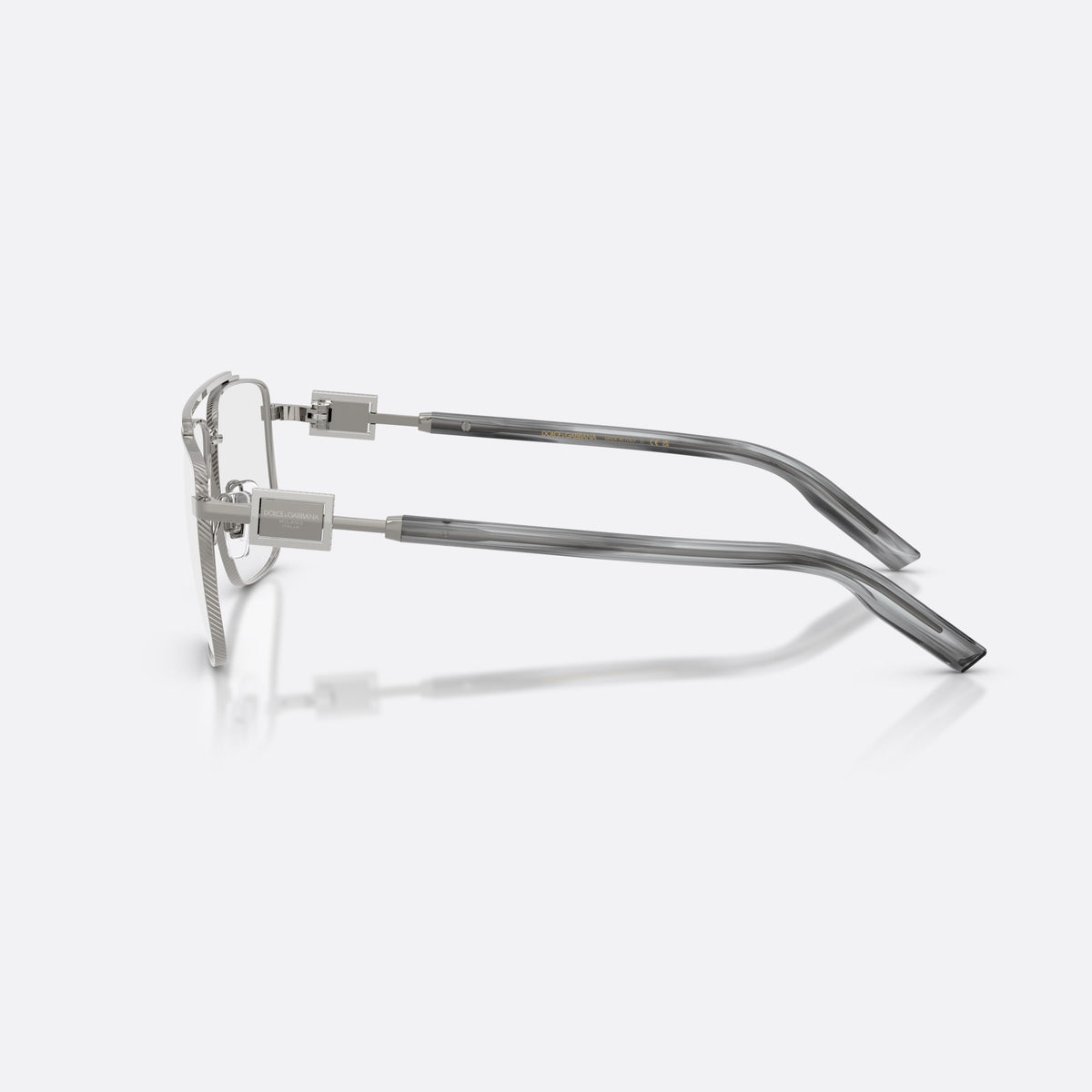 Dolce & Gabbana DG1368 04 eyeglasses, grey pilot frame for men, double bridge with top bar, flat temples with plaque, side view