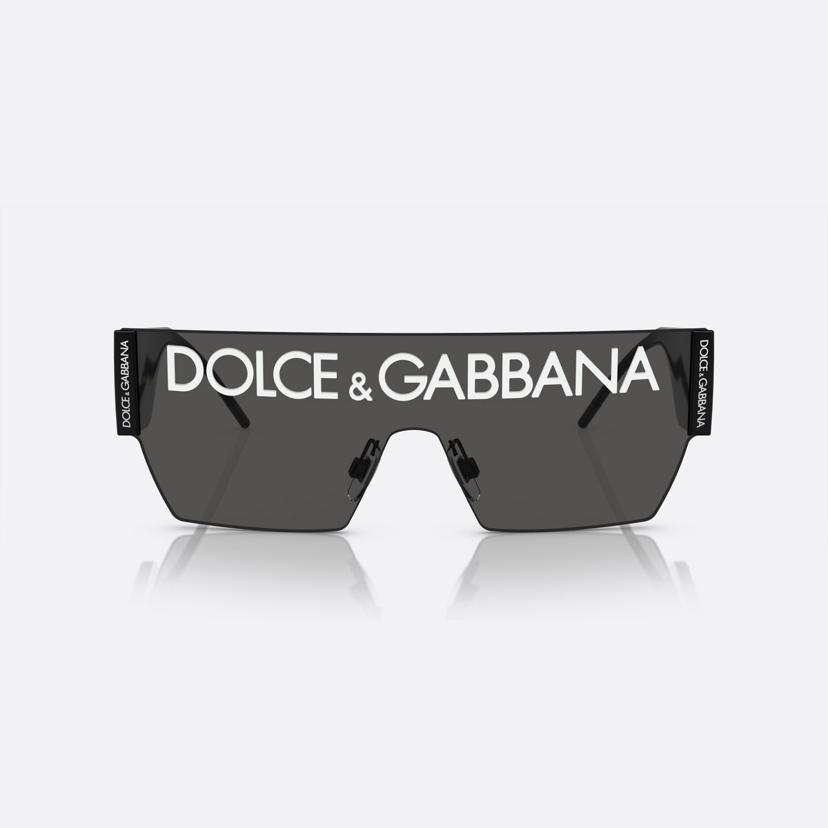 Dolce & Gabbana DG2233 01/87 sunglasses, black cat eye frame for men, integrated bridge, brand lettering on lens, front view