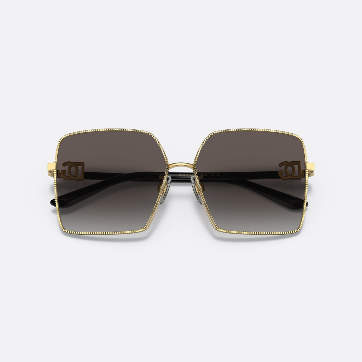 Dolce & Gabbana DG2279 02/8G E sunglasses, gold square frame for women, plain metal bridge, brand logo plaque on temples