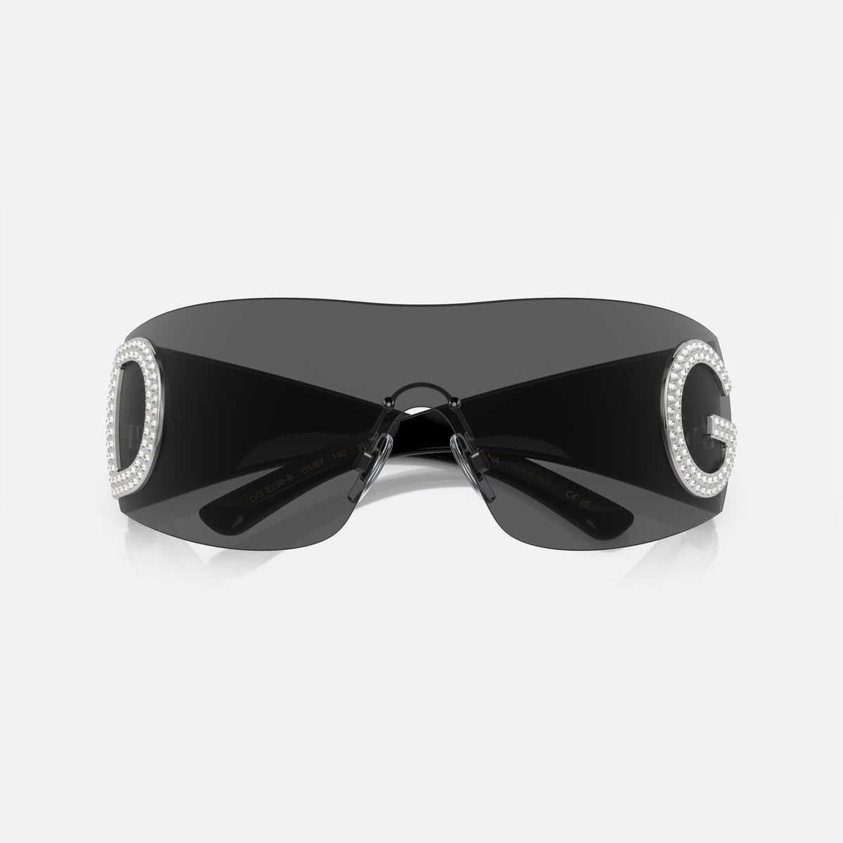Dolce & Gabbana DG2298B 05/87 F sunglasses, black pillow frame for women, keyhole bridge, brand logo with crystals, folded