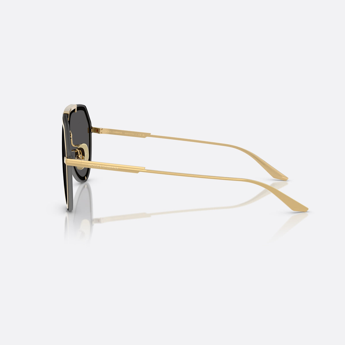 Dolce & Gabbana DG2309 02/87 sunglasses, gold pilot frame for men, single metal bridge with top bar, gold-tone metal hinges, side view