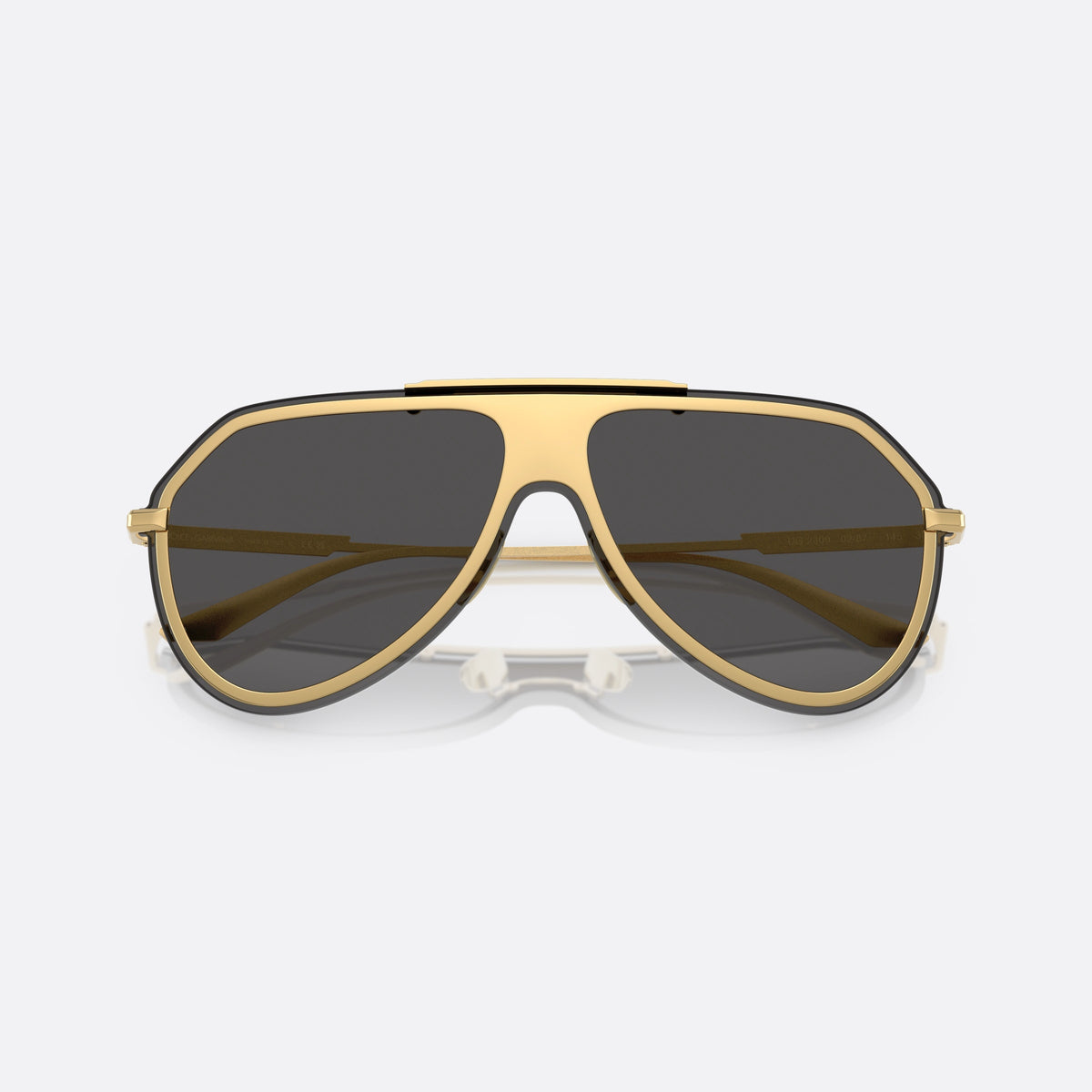 Dolce & Gabbana DG2309 02/87 sunglasses, gold pilot frame for men, single metal bridge with top bar, gold-tone metal hinges, folded