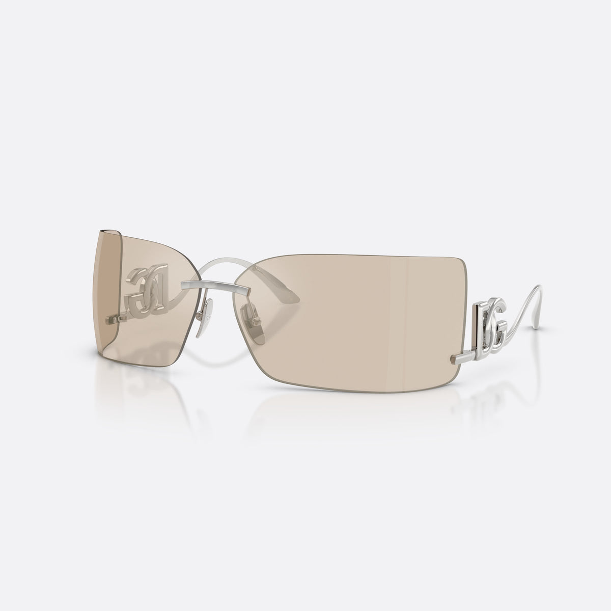 Dolce & Gabbana DG2319 05/6G sunglasses, silver rectangle frame for women, metal bar bridge, brand lettering on temples