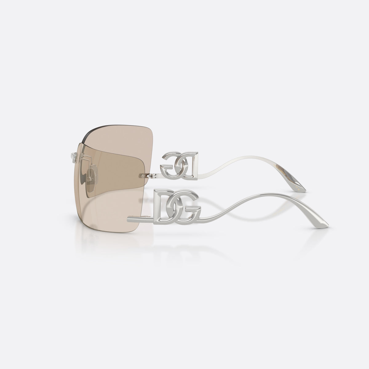 Dolce & Gabbana DG2319 05/6G sunglasses, silver rectangle frame for women, metal bar bridge, brand lettering on temples, side view