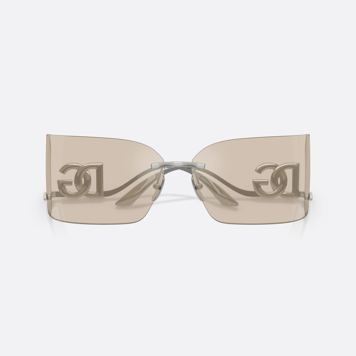 Dolce & Gabbana DG2319 05/6G sunglasses, silver rectangle frame for women, metal bar bridge, brand lettering on temples, folded