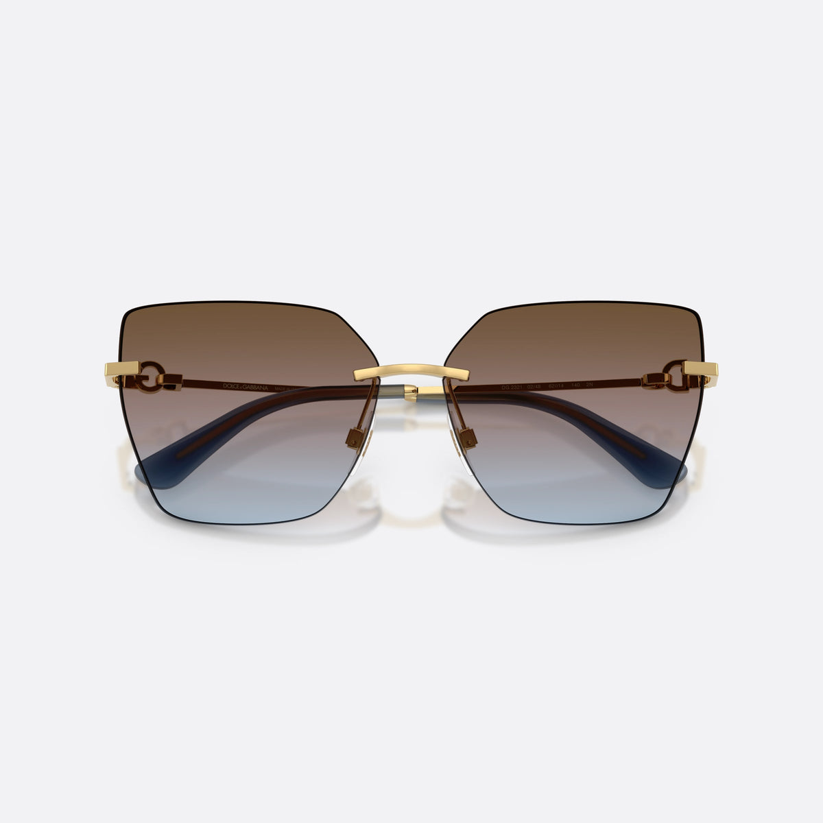 Dolce & Gabbana DG2321 02/48 sunglasses, gold cat eye frame for women, metal bridge bar, brand logo on temples, folded