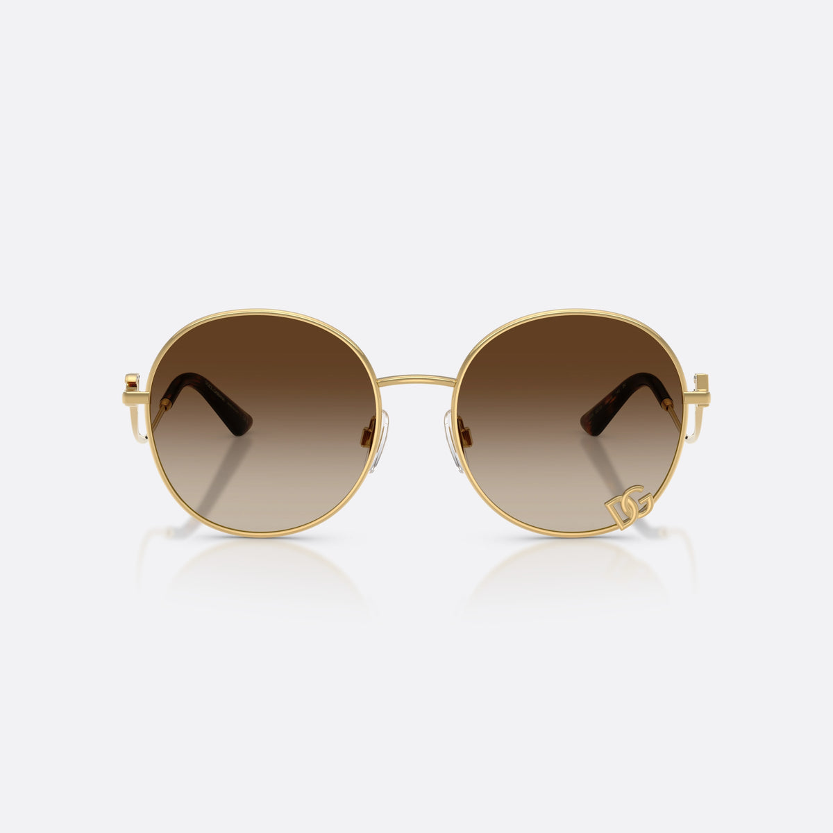 Dolce & Gabbana DG2324 02/13 sunglasses, gold round frame for women, plain metal bridge, brand logo plaque on lens rim, front view
