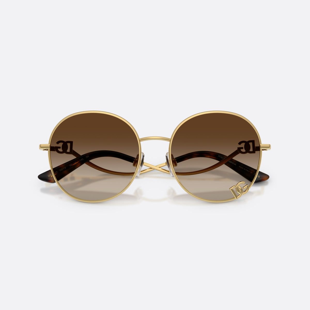 Dolce & Gabbana DG2324 02/13 sunglasses, gold round frame for women, plain metal bridge, brand logo plaque on lens rim, folded