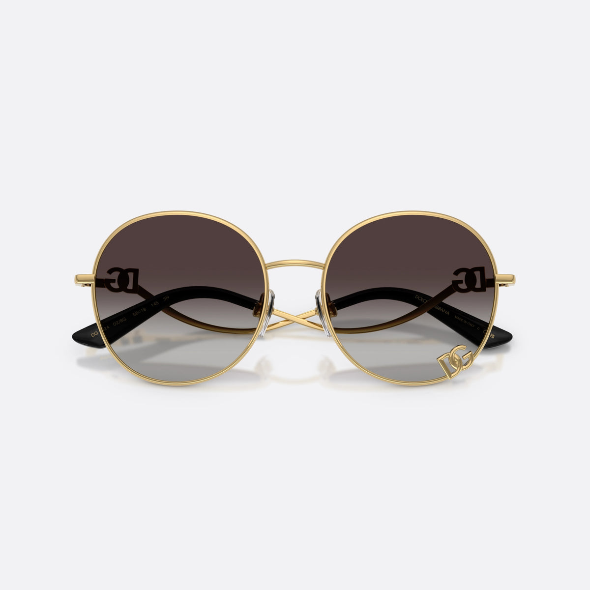 Ochelari de soare Dolce & Gabbana DG2324 02/8G, rotunzi auriu, pentru femei, punte metalică simplă, logo al brandului pe ramă, cu brațele pliate