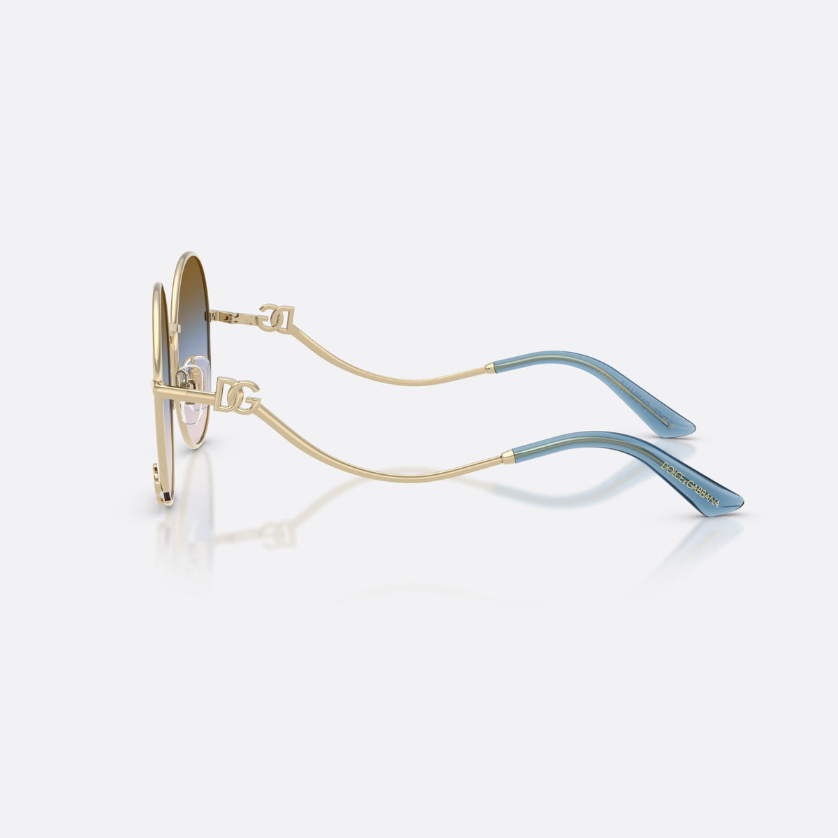 Dolce & Gabbana DG2324 488/U6 sunglasses, gold round frame for women, plain metal bridge, brand logo on temple plaque, side view