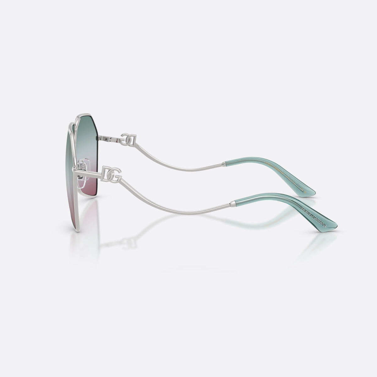 Dolce & Gabbana DG2326 05/EL sunglasses, silver pilot frame for women, double bridge with central ring, slim tapered temples, side view