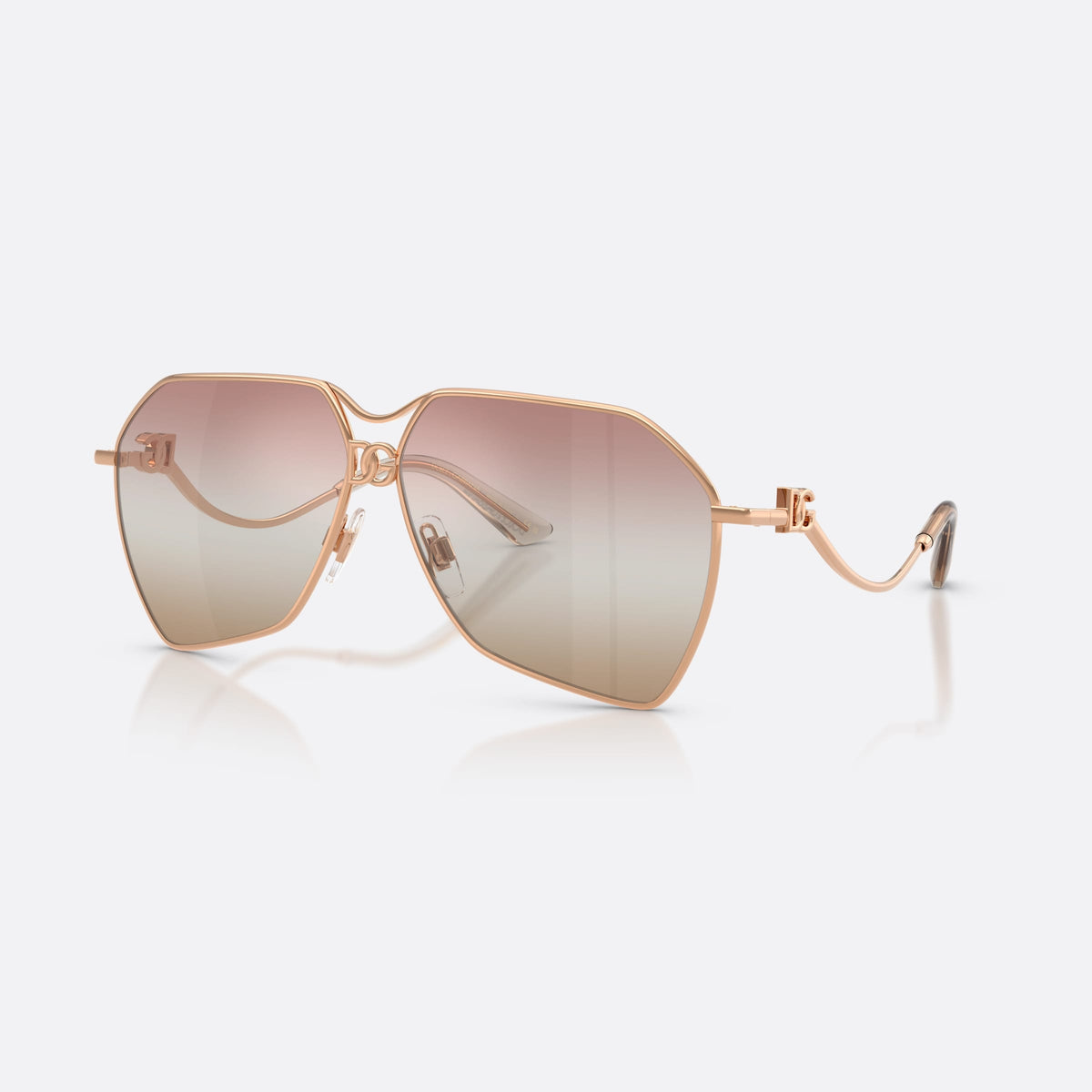 Dolce & Gabbana DG2326 1298EL sunglasses, gold pilot frame for women, double bridge with interlocking ring, brand logo on temple