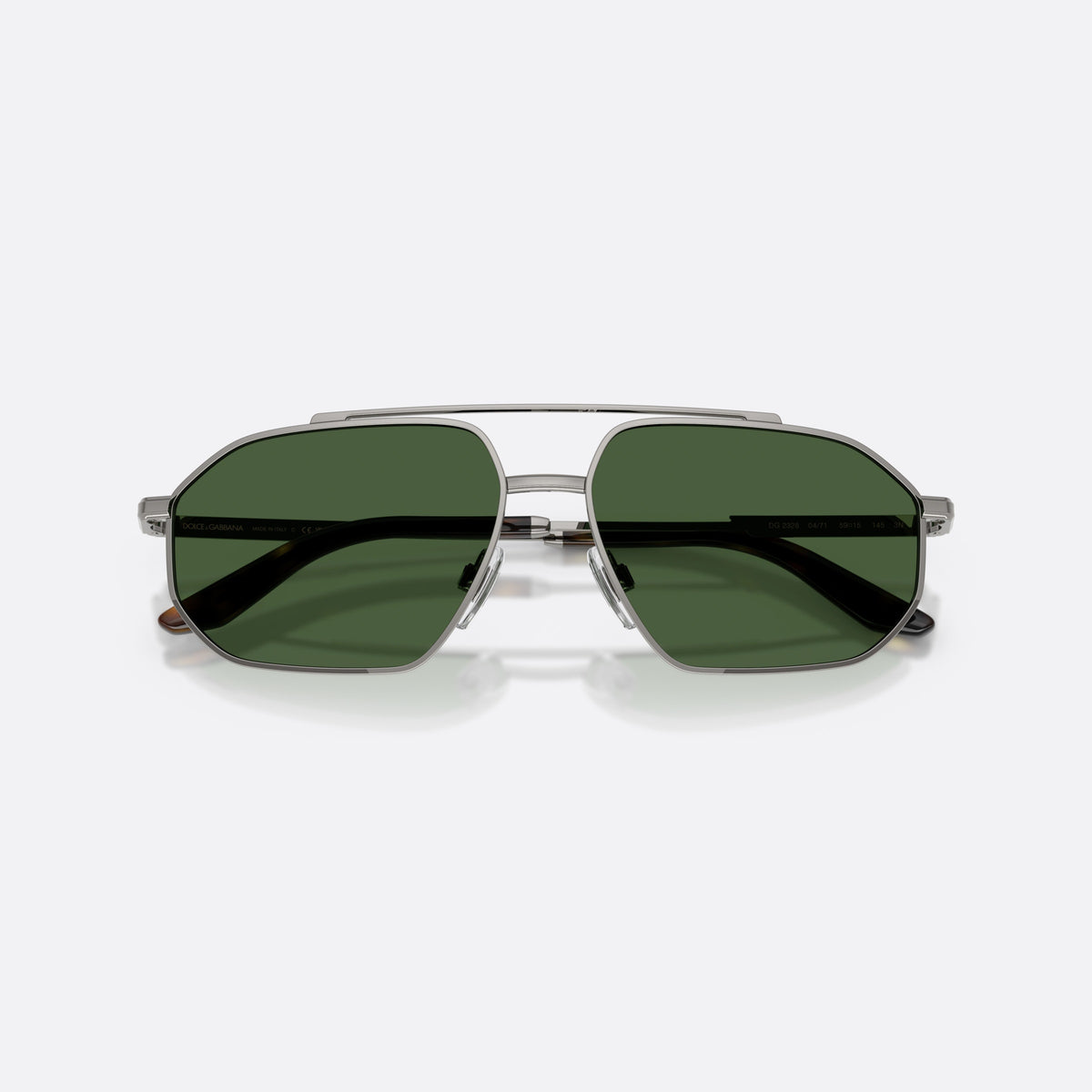 Dolce & Gabbana DG2328 04/71 sunglasses, grey pilot frame for men, double bridge with top bar, brand lettering on temples, folded