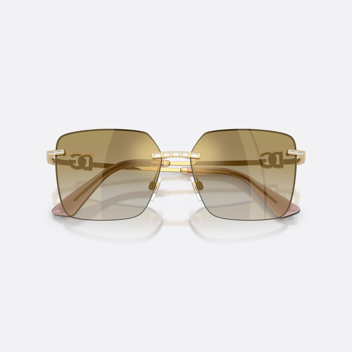 Dolce & Gabbana DG2332B 02/6E sunglasses, gold square frame for women, brand logo plaque on temples, slim tapered temples, folded