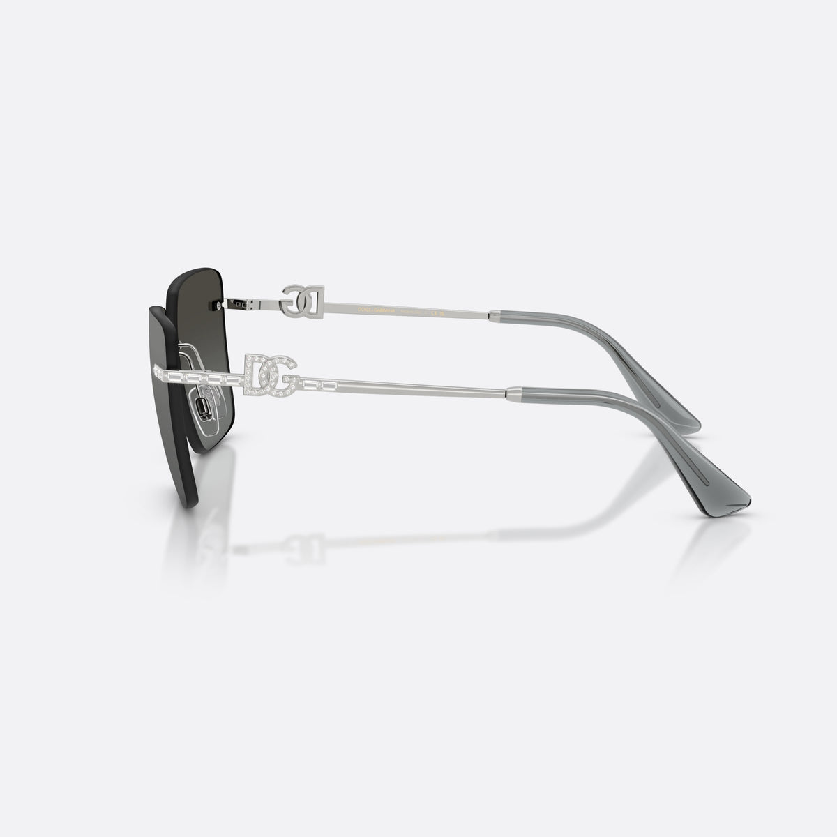 Dolce & Gabbana DG2332B 05/88 sunglasses, silver square frame for women, brand logo plaque on temples, polished metal finish, side view
