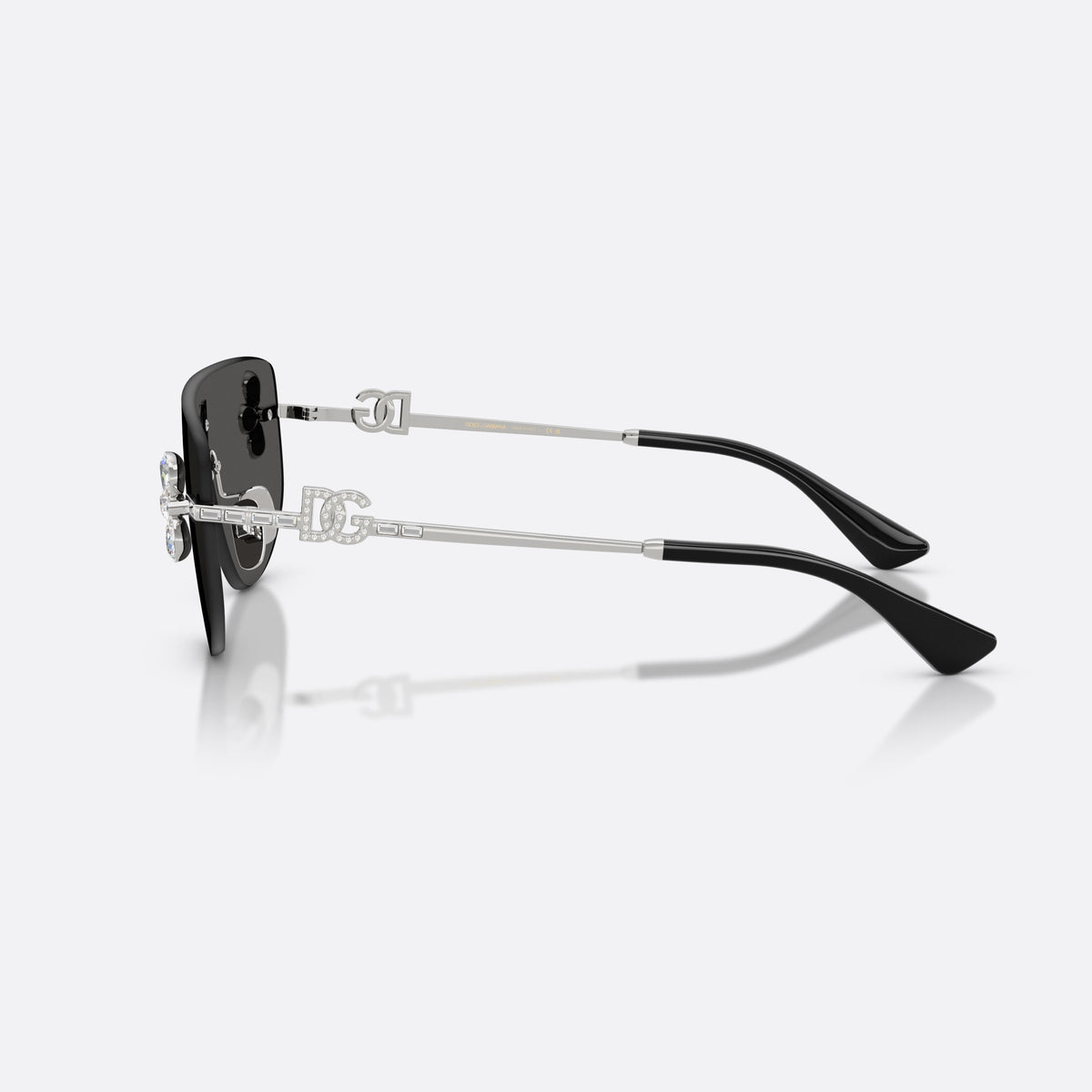 Dolce & Gabbana DG2333B 05/87 sunglasses, silver rectangle frame for women, integrated bridge over lens, brand lettering on temples, side view