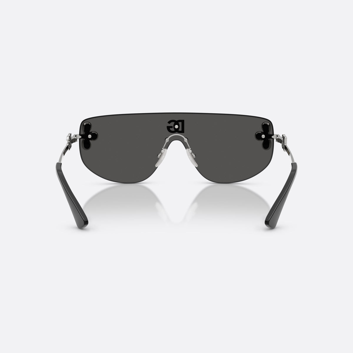 Dolce & Gabbana DG2333B 05/87 sunglasses, silver rectangle frame for women, integrated bridge over lens, brand lettering on temples, back view