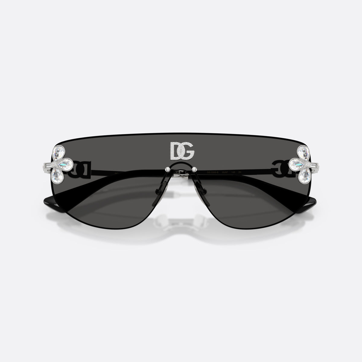 Dolce & Gabbana DG2333B 05/87 sunglasses, silver rectangle frame for women, integrated bridge over lens, brand lettering on temples, folded