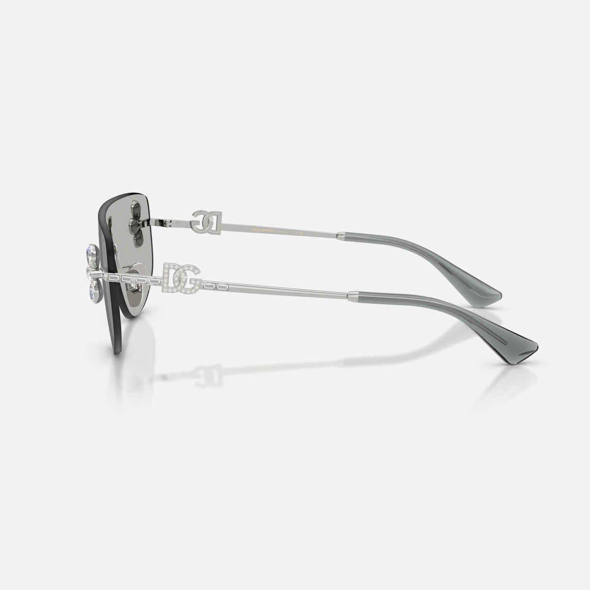 Dolce & Gabbana DG2333B 05/8V sunglasses, silver rectangle frame for women, integrated bridge over lens, brand logo on lens, side view
