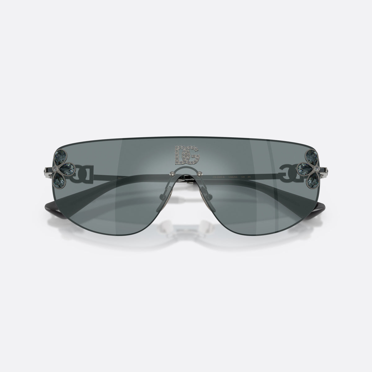 Dolce & Gabbana DG2333B 12866G sunglasses, grey rectangle frame for women, integrated bridge over lens, gunmetal metal frame, folded