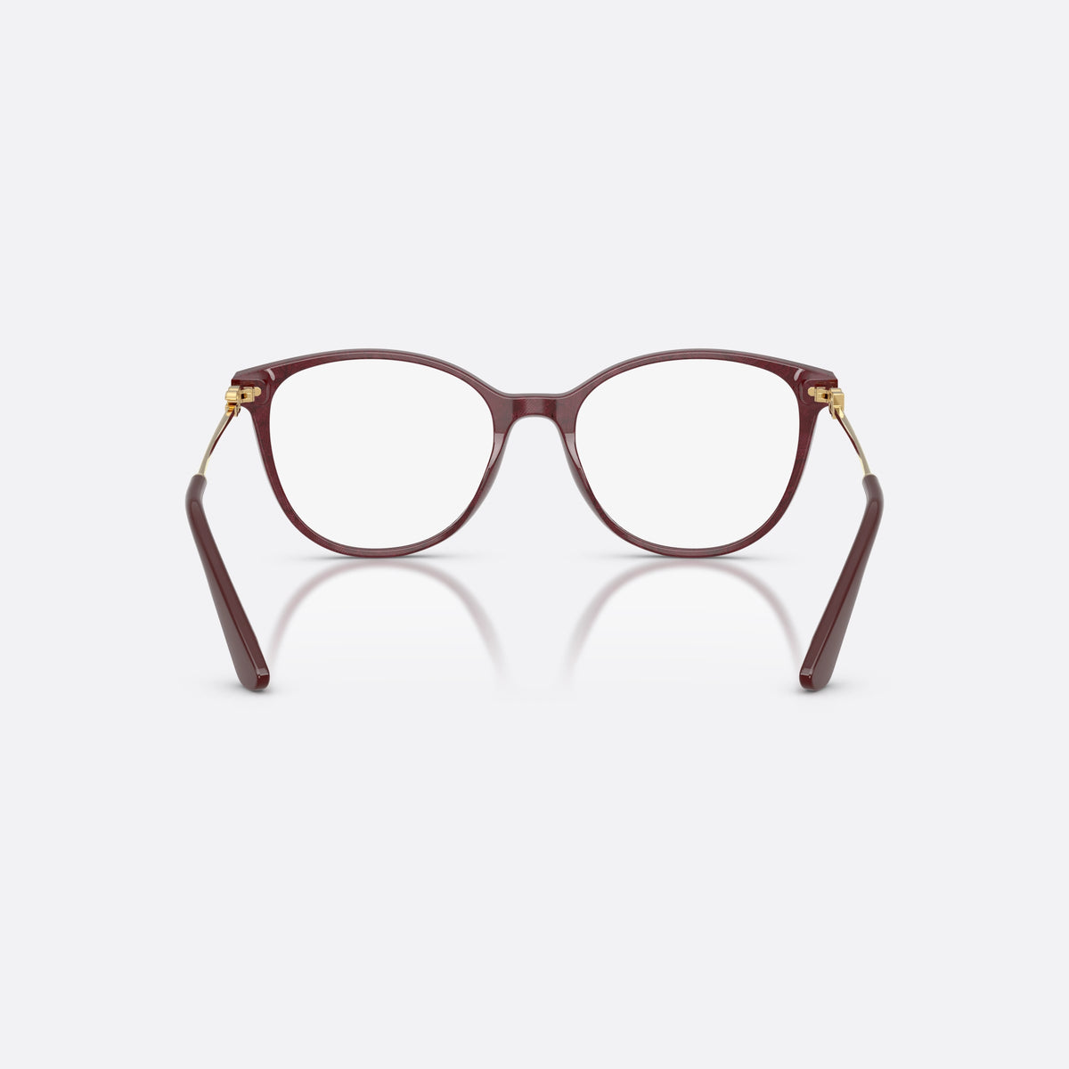 Dolce & Gabbana DG3363 3442 eyeglasses, violet butterfly frame for women, plain bridge, brand logo plaque on hinges, full-rim frame, back view