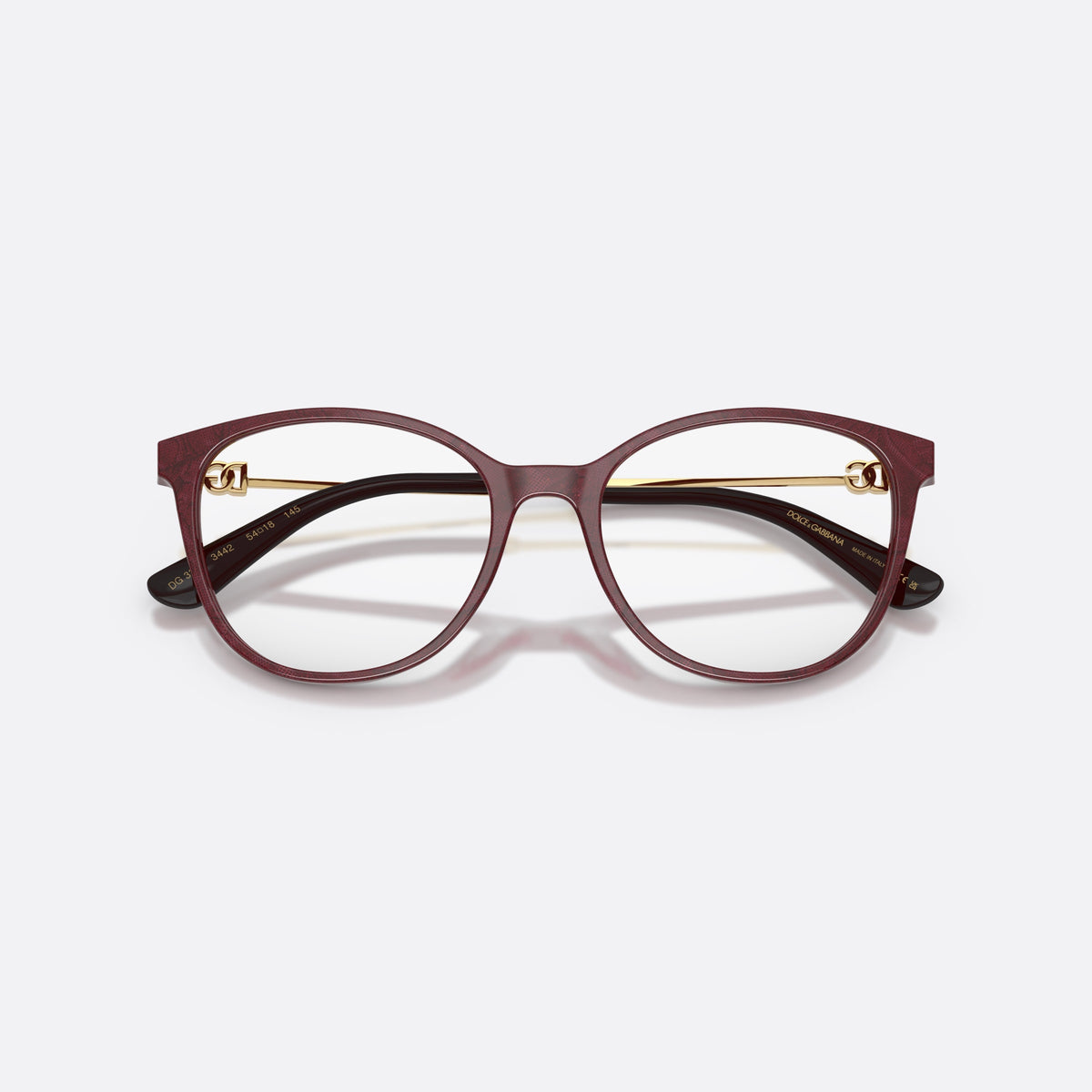 Dolce & Gabbana DG3363 3442 eyeglasses, violet butterfly frame for women, plain bridge, brand logo plaque on hinges, full-rim frame, folded