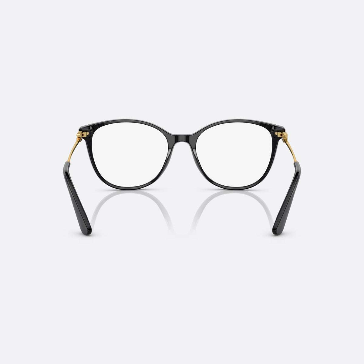 Dolce & Gabbana DG3363 501 eyeglasses, black butterfly frame for women, plain acetate bridge, brand logo plaque on temples, back view