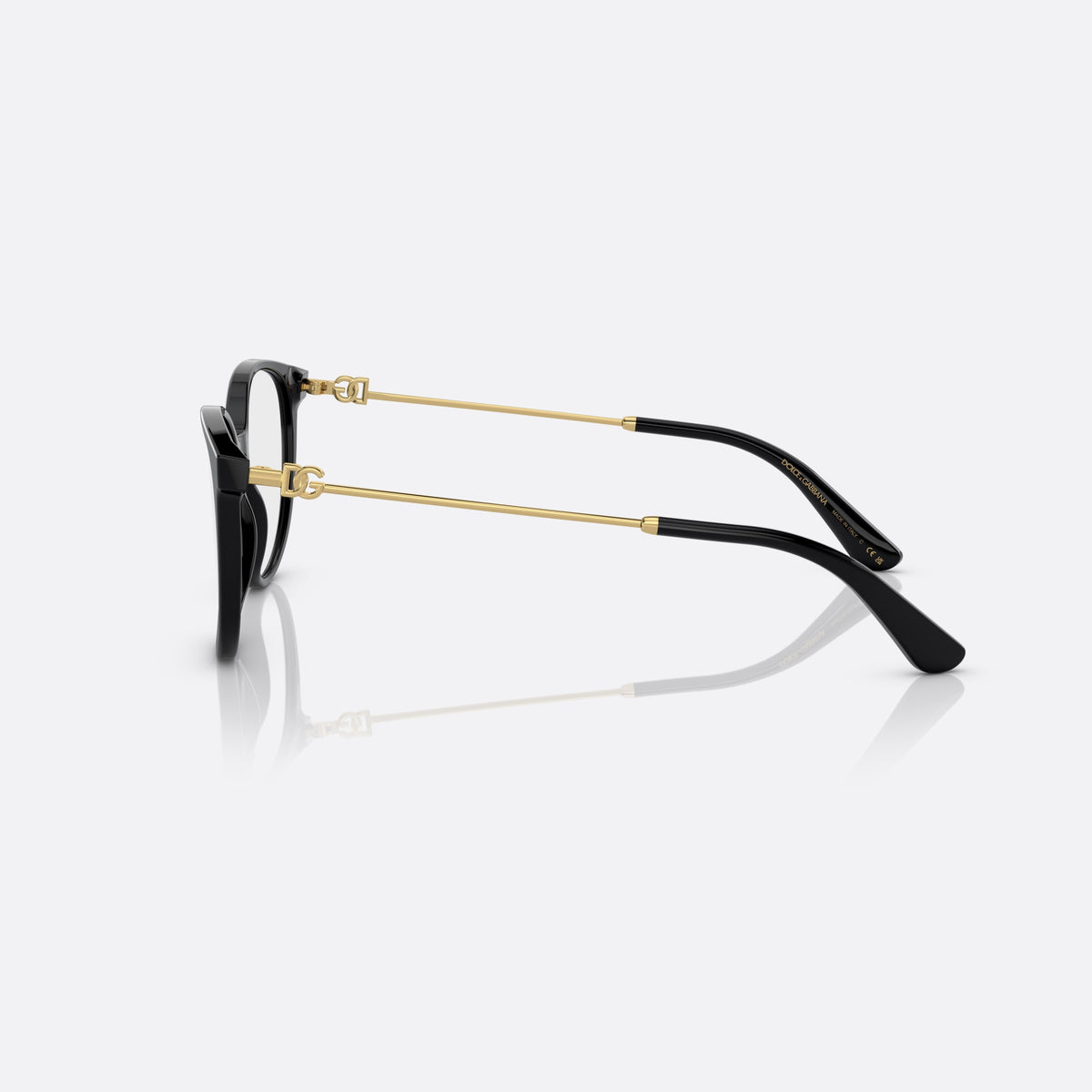 Dolce & Gabbana DG3363 501 eyeglasses, black butterfly frame for women, plain acetate bridge, brand logo on hinges, side view