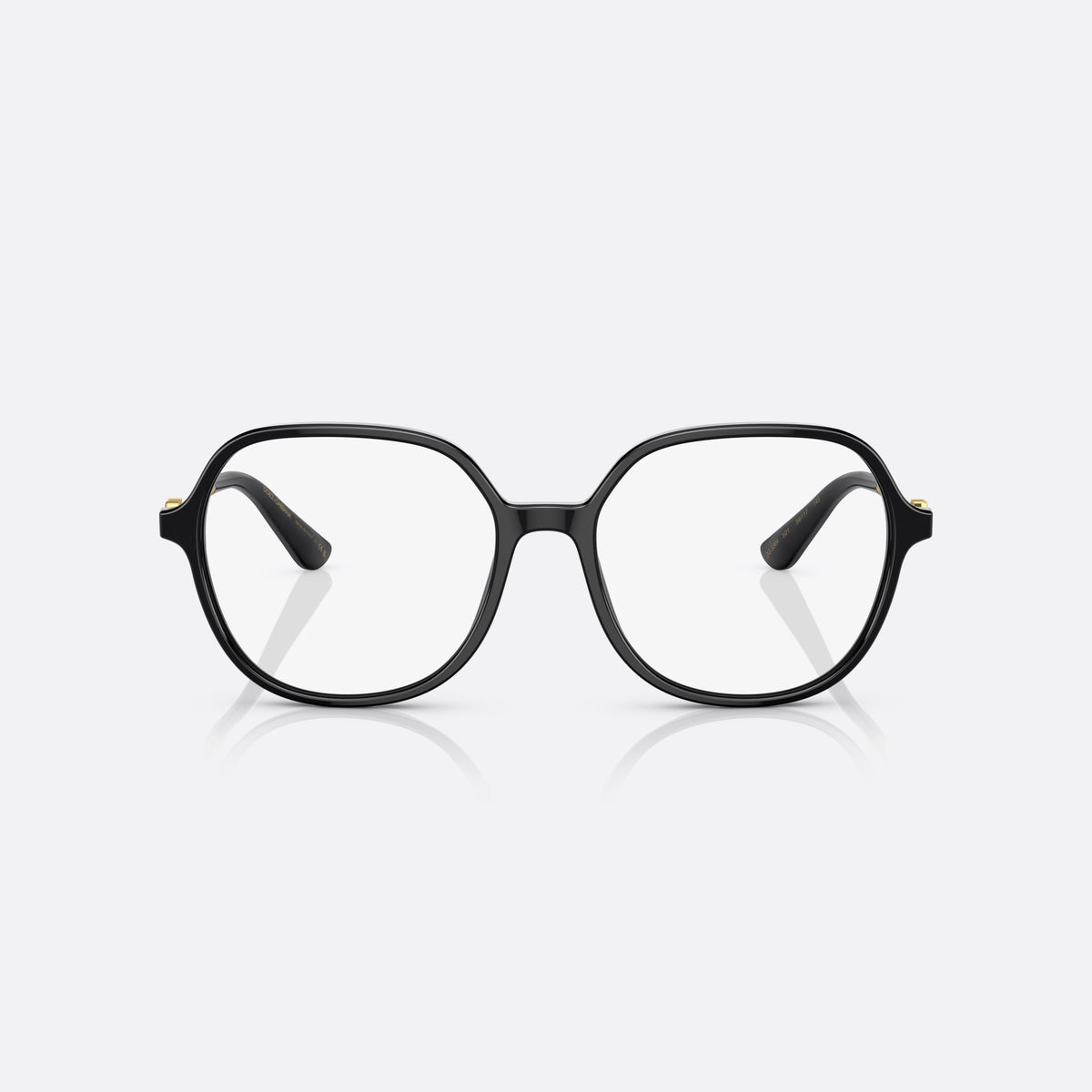 Dolce & Gabbana DG3364 501 eyeglasses, black butterfly frame for women, plain acetate bridge, brand logo plaque on temples, front view