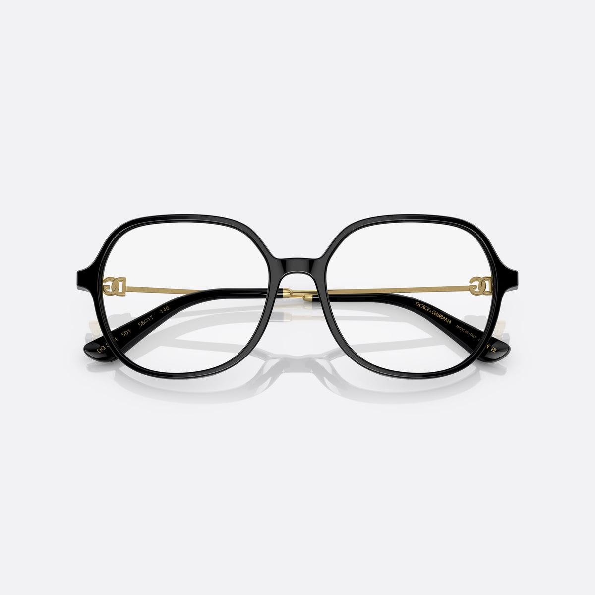 Dolce & Gabbana DG3364 501 eyeglasses, black butterfly frame for women, plain acetate bridge, brand logo plaque on temples, folded