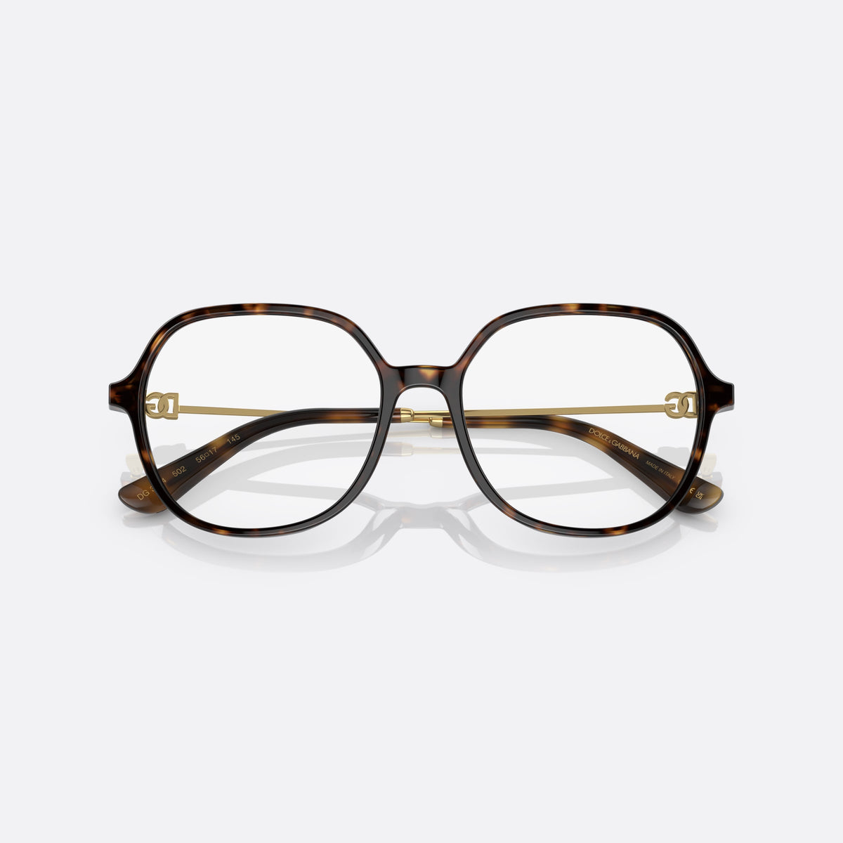 Dolce & Gabbana DG3364 502 eyeglasses, havana butterfly frame for women, plain bridge, brand logo plaque on temples, folded