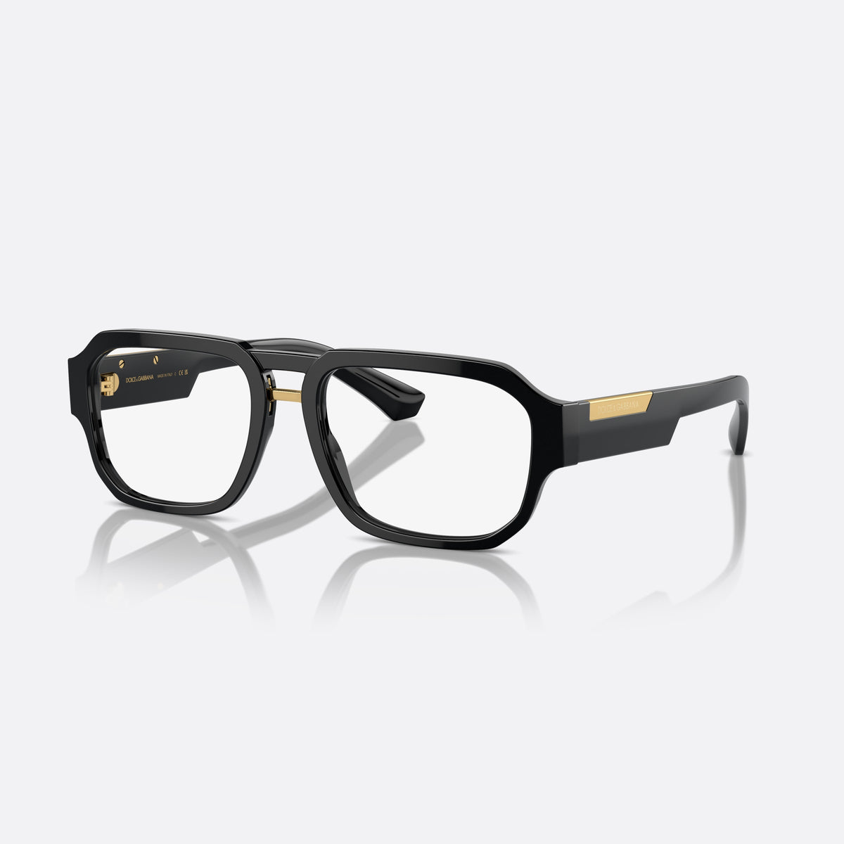 Dolce & Gabbana DG3389 501 eyeglasses, black pilot frame for men, brand lettering on the temples, gold-tone plaque on temple
