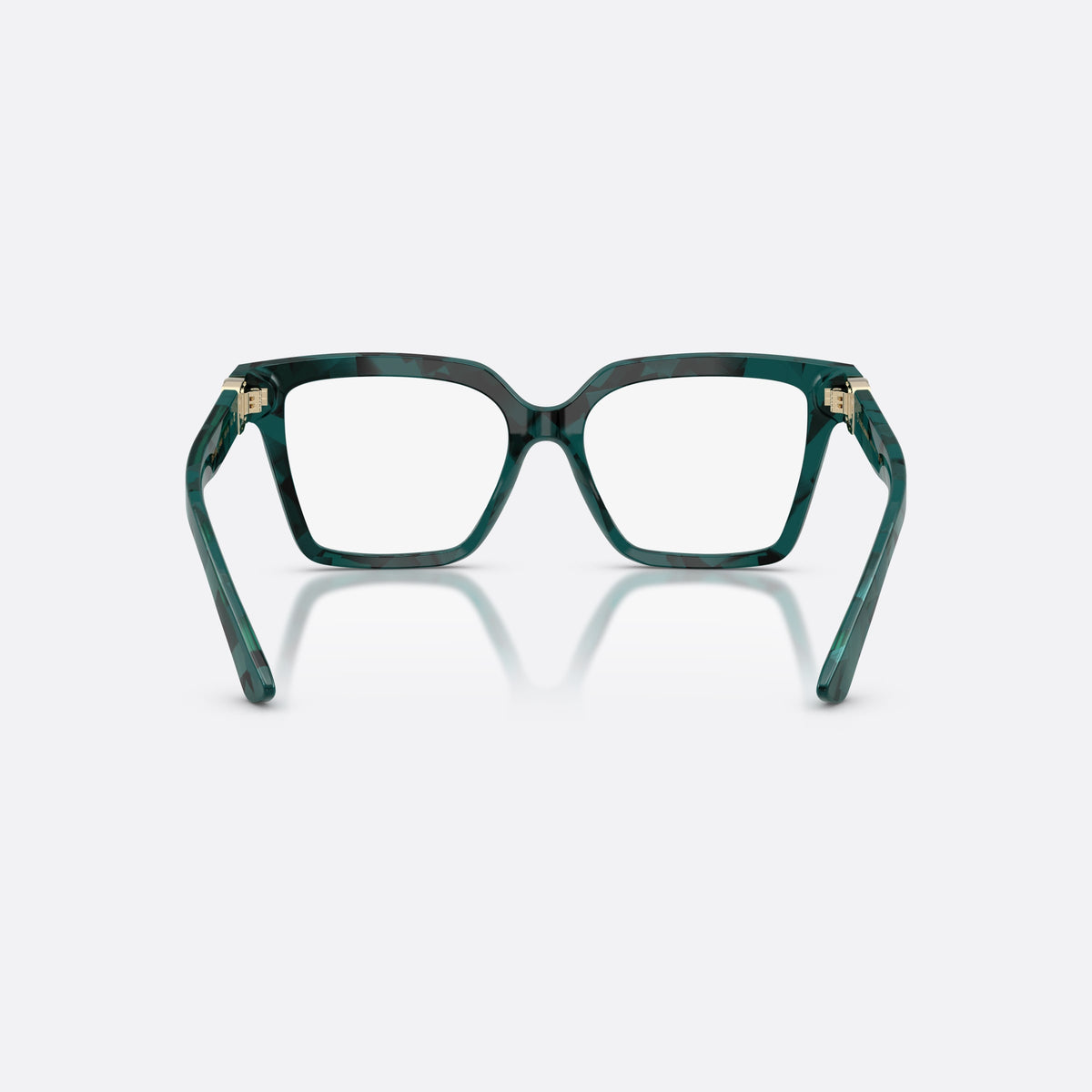 Dolce & Gabbana DG3395 3460 eyeglasses, green square frame for women, plain bridge joining rims, brand logo on plaque, back view