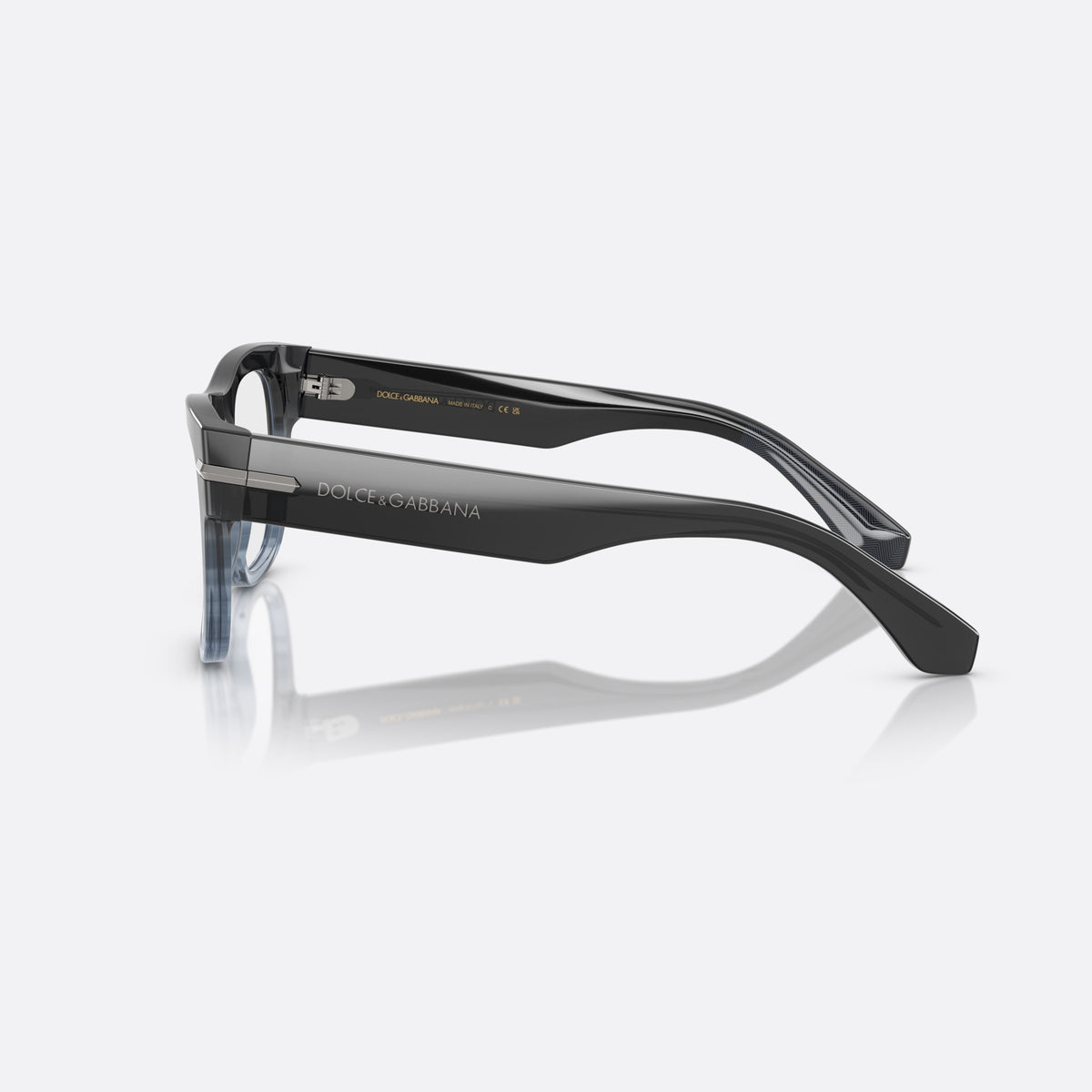 Dolce & Gabbana DG3407 3485 eyeglasses, blue square frame for men, plain bridge, single arch, brand lettering on temples, side view
